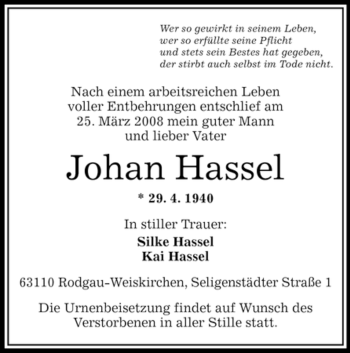 Todesanzeige von Johan Hassel von OFFENBACH-POST/HANAU-POST