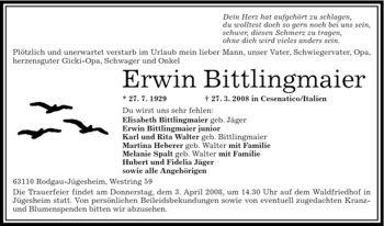 Todesanzeige von Erwin Bittlingmaier von OFFENBACH-POST/HANAU-POST