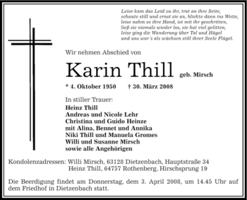 Todesanzeige von Karin Thill von OFFENBACH-POST/HANAU-POST