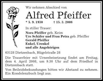 Todesanzeige von Alfred Pfeiffer von OFFENBACH-POST/HANAU-POST