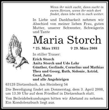 Todesanzeige von Maria Storch von OFFENBACH-POST/HANAU-POST