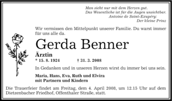 Todesanzeige von Gerda Benner von OFFENBACH-POST/HANAU-POST