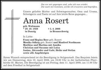 Todesanzeige von Anna Rosert von OFFENBACH-POST/HANAU-POST