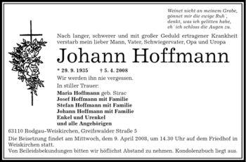 Todesanzeige von Johann Hoffmann von OFFENBACH-POST/HANAU-POST