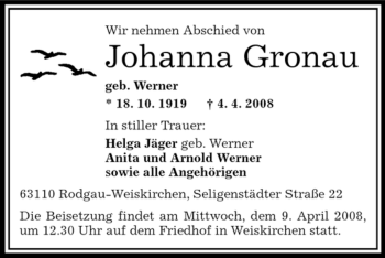 Todesanzeige von Johanna Gronau von OFFENBACH-POST/HANAU-POST