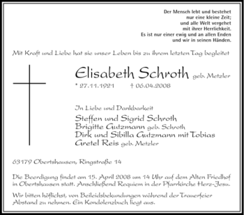 Todesanzeige von Elisabeth Schroth von OFFENBACH-POST/HANAU-POST