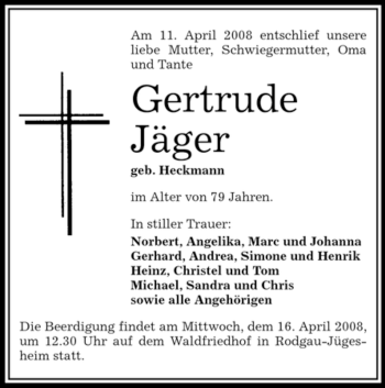 Todesanzeige von Gertrude Jäger von OFFENBACH-POST/HANAU-POST