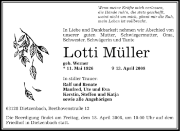 Todesanzeige von Lotti Müller von OFFENBACH-POST/HANAU-POST