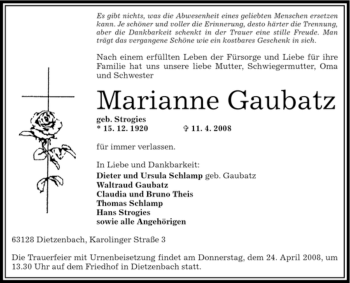 Todesanzeige von Marianne Gaubatz von OFFENBACH-POST/HANAU-POST