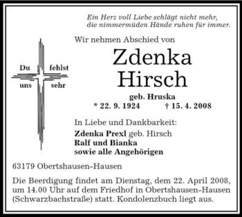 Todesanzeige von Zdenka Hirsch von OFFENBACH-POST/HANAU-POST