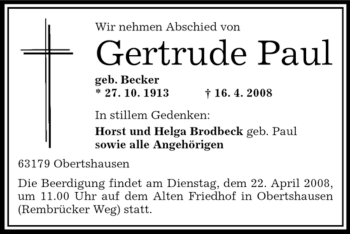 Todesanzeige von Gertrude Paul von OFFENBACH-POST/HANAU-POST