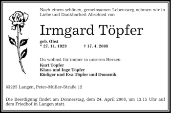 Todesanzeige von Irmgard Töpfer von OFFENBACH-POST/HANAU-POST