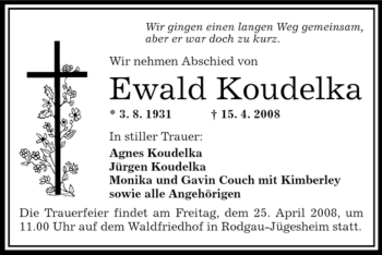 Todesanzeige von Ewald Koudelka von OFFENBACH-POST/HANAU-POST