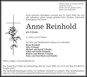 Todesanzeige von Anne Reinhold von OFFENBACH-POST/HANAU-POST