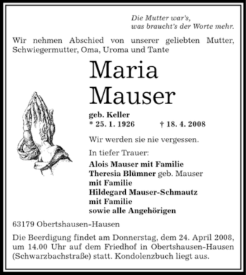 Todesanzeige von Maria Mauser von OFFENBACH-POST/HANAU-POST