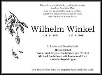 Todesanzeige von Wilhelm Winkel von OFFENBACH-POST/HANAU-POST