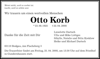 Todesanzeige von Otto Korb von OFFENBACH-POST/HANAU-POST