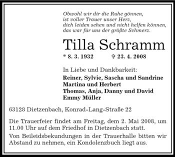Todesanzeige von Tilla Schramm von OFFENBACH-POST/HANAU-POST