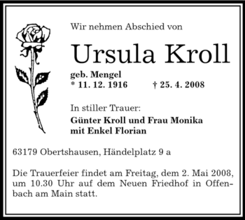 Todesanzeige von Ursula Kroll von OFFENBACH-POST/HANAU-POST