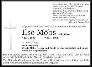 Todesanzeige von Ilse Möbs von OFFENBACH-POST/HANAU-POST