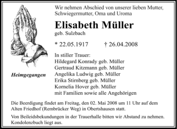 Todesanzeige von Elisabeth Müller von OFFENBACH-POST/HANAU-POST