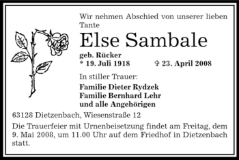 Todesanzeige von Else Sambale von OFFENBACH-POST/HANAU-POST