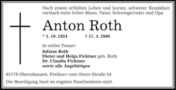 Todesanzeige von Anton Roth von OFFENBACH-POST/HANAU-POST