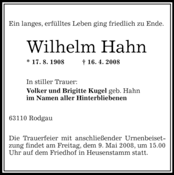 Todesanzeige von Wilhelm Hahn von OFFENBACH-POST/HANAU-POST