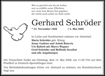 Todesanzeige von Gerhard Schröder von OFFENBACH-POST/HANAU-POST