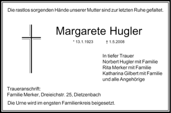 Todesanzeige von Margarete Hugler von OFFENBACH-POST/HANAU-POST