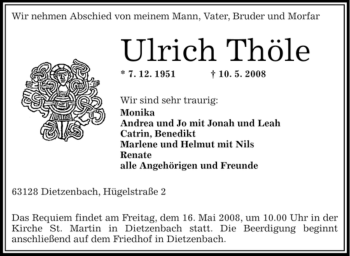Todesanzeige von Ulrich Thöle von OFFENBACH-POST/HANAU-POST