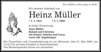 Todesanzeige von Heinz Müller von OFFENBACH-POST/HANAU-POST