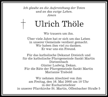 Todesanzeige von Ulrich Thöle von OFFENBACH-POST/HANAU-POST