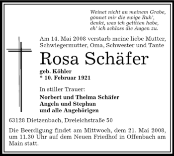 Todesanzeige von Rosa Schäfer von OFFENBACH-POST/HANAU-POST