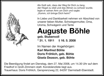 Todesanzeige von Auguste Böhle von OFFENBACH-POST/HANAU-POST