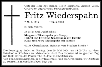 Todesanzeige von Fritz Wiederspahn von OFFENBACH-POST/HANAU-POST
