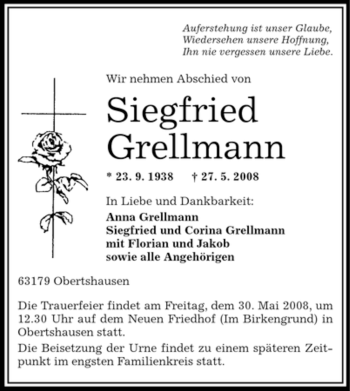 Todesanzeige von Siegfried Grellmann von OFFENBACH-POST/HANAU-POST