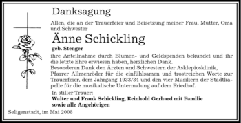 Todesanzeige von Änne Schickling von OFFENBACH-POST/HANAU-POST