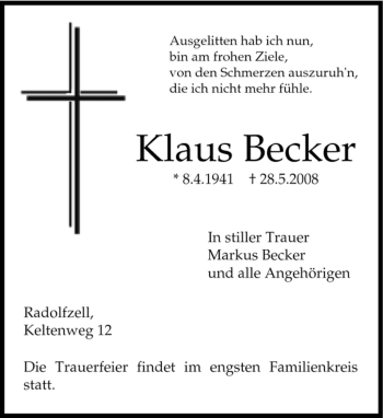 Todesanzeige von Klaus Becker von HEIMATBOTE OBERTSHAUSEN