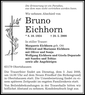 Todesanzeige von Bruno Eichhorn von OFFENBACH-POST/HANAU-POST