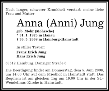 Todesanzeige von Anna Jung von OFFENBACH-POST/HANAU-POST