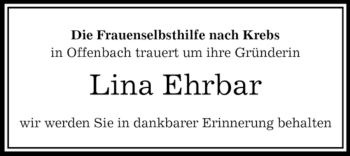 Todesanzeige von Lina Ehrbar von OFFENBACH-POST/HANAU-POST