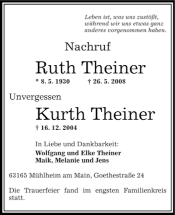 Todesanzeige von Ruth und Kurth Theiner von OFFENBACH-POST/HANAU-POST