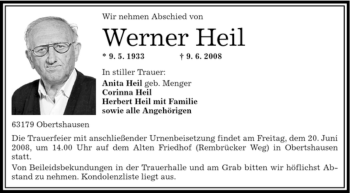 Todesanzeige von Werner Heil von OFFENBACH-POST/HANAU-POST