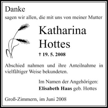 Todesanzeige von Katharina Hottes von OFFENBACH-POST/HANAU-POST