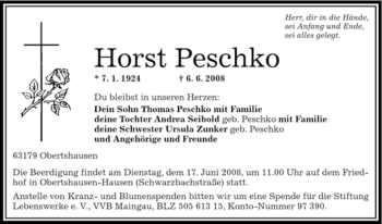 Todesanzeige von Horst Peschko von OFFENBACH-POST/HANAU-POST