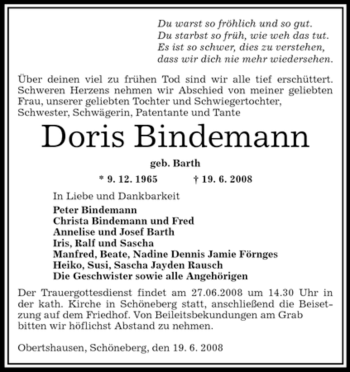 Todesanzeige von Doris Bindemann von OFFENBACH-POST/HANAU-POST