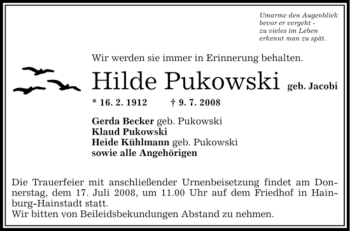 Todesanzeige von Hilde Pukowski von OFFENBACH-POST/HANAU-POST