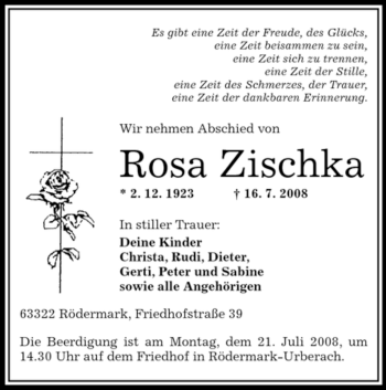 Todesanzeige von Rosa Zischka von OFFENBACH-POST/HANAU-POST