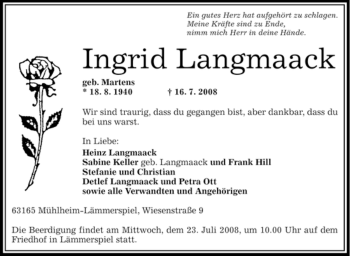 Todesanzeige von Ingrid Langmaack von OFFENBACH-POST/HANAU-POST